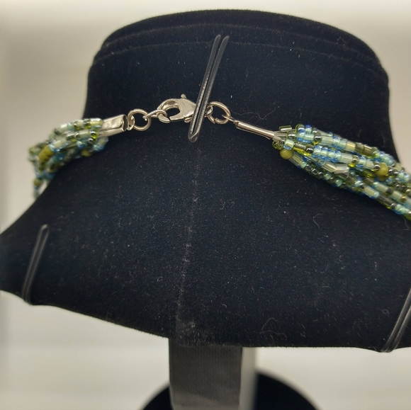 Green & Blue Multi 10 Strand Seed Bead 9" Costume Necklace - Picture 2 of 8